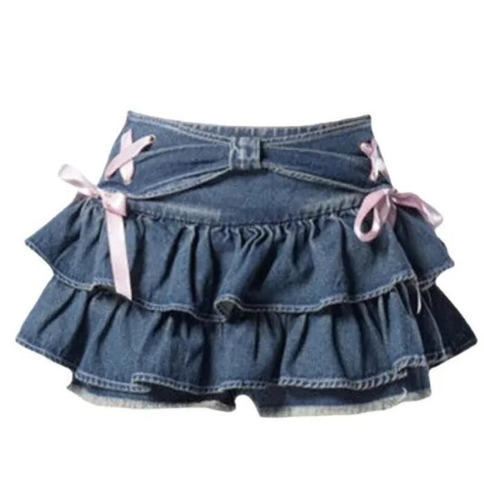 Y2K Ruffle Denim Mini Skirt | Cute A-line Jean Skirt with Elastic Waist - Image 1