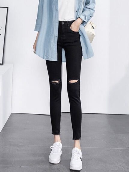 High-Waist Skinny Jeans with Knee Rips - Stretch Denim Ankle Pants for Women
